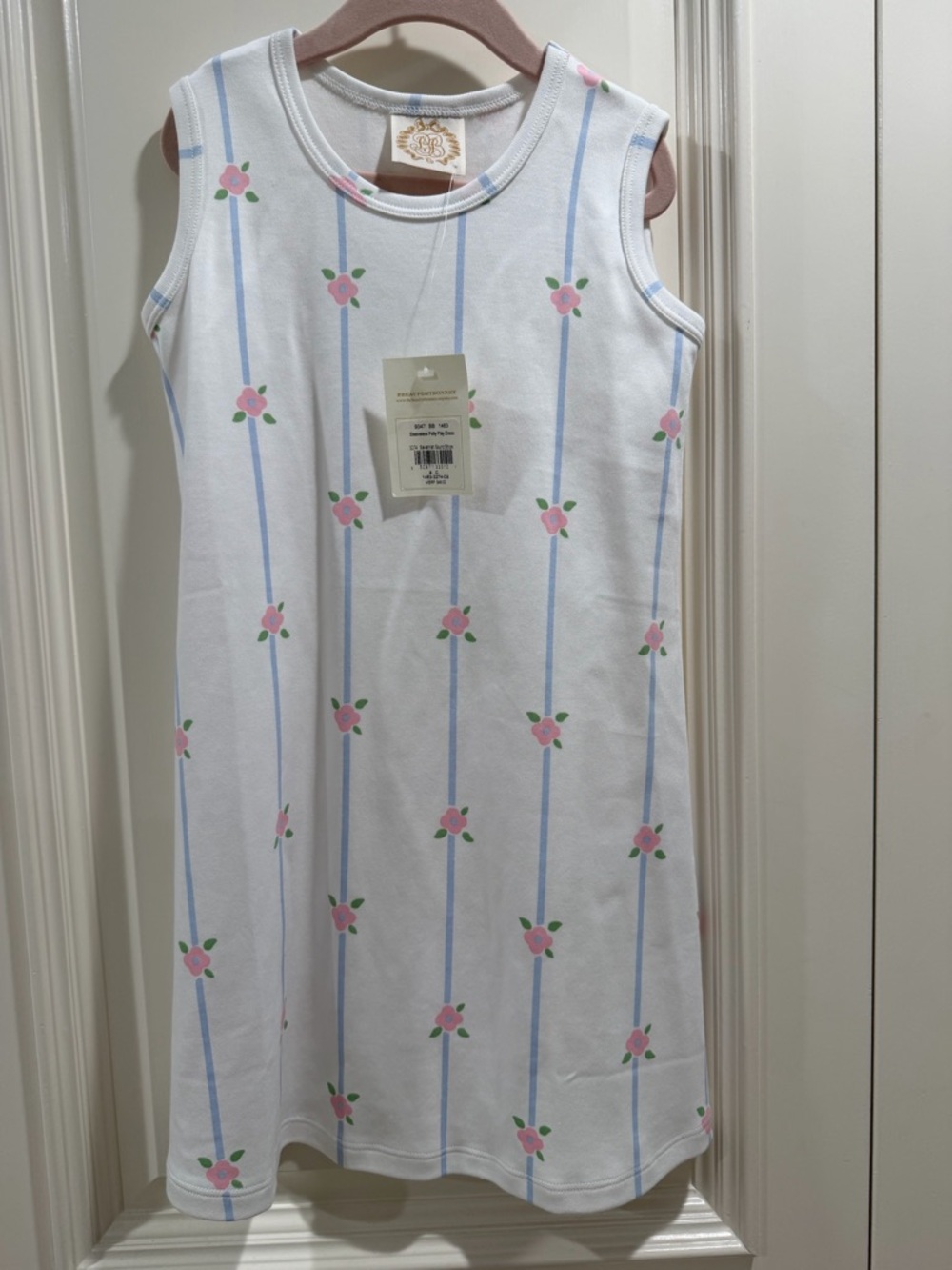 The Beaufort Bonnet Company White Dress with Light Blue Stripes and Pink Roses